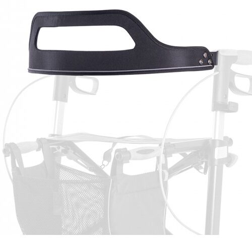 Der schwarze Rückengurt für den Rollator ist gut sichtbar. Der Rollator an dem er hier befestigt ist, ist sehr transparent abgebildet.