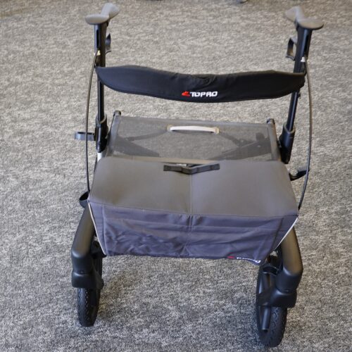Schwarzer Rollator mit grauer Tasche und grauem Sitz